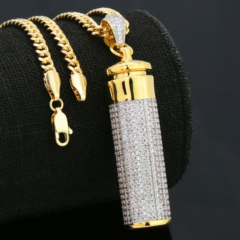 14k Gold Cylinder 30" Cuban Chain + Pendant - Picture 1 of 6